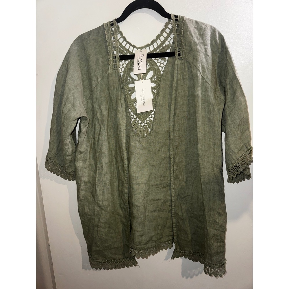 Valentina Naldi Puro Lino Green Linen Crochet Back Cardigan OS Boho
